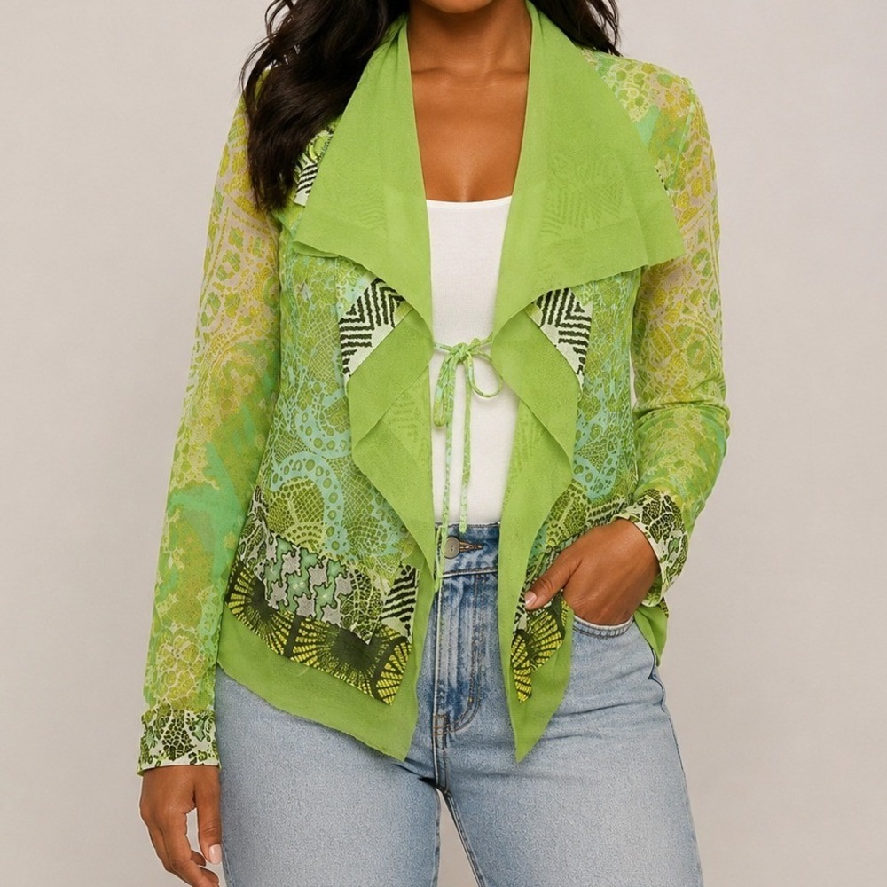 FUZZI Green Multi Pattern Open Ruffle Cardigan Blouse Womens L Italy Mesh